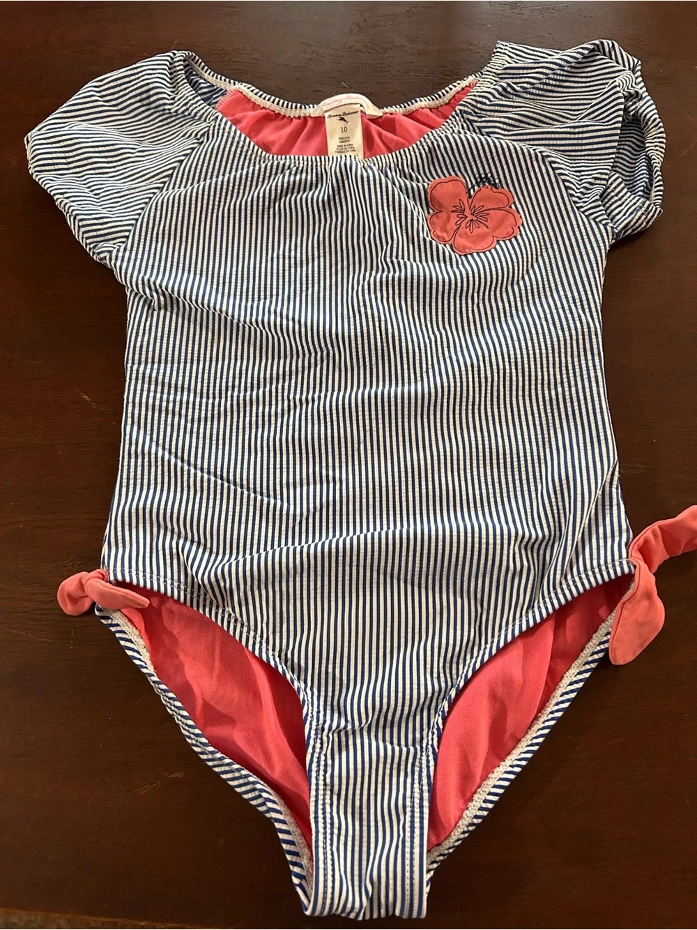 Kids One-Piece Swim Suit - Navy Stripe with Coral Accents